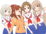  badge blue_skirt brown_eyes brown_hair cowboy_shot grin high_school_fleet holding_hands irizaki_mei jacket looking_at_viewer manse multiple_girls neckerchief one_eye_closed orange_jacket pleated_skirt ponytail purple_eyes red_neckwear school_uniform serafuku short_hair short_sleeves silver_hair skirt smile standing tateishi_shima uda_megumi yagi_tsugumi yokosuka_girls_marine_high_school_uniform 