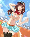  alternate_costume arm_behind_head arm_up black_legwear blue_skirt blue_sky bow bowtie breasts brown_hair clenched_hand cloud commentary_request day front-tie_top idolmaster idolmaster_cinderella_girls long_hair looking_at_viewer medium_breasts miniskirt naga1047 navel nitta_minami outdoors red_bow red_neckwear skirt sky solo thighhighs 