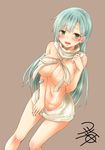  blush breasts dog_tags dress embarrassed green_eyes green_hair hair_ornament hairclip kantai_collection large_breasts long_hair looking_at_viewer meme_attire naked_sweater navel open_mouth ribbed_sweater simple_background sketch solo suzuya_(kantai_collection) sweater sweater_dress turtleneck turtleneck_sweater virgin_killer_sweater wardrobe_error yua_(checkmate) 