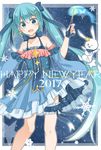  2017 aqua_eyes aqua_hair bunny detached_sleeves dress earrings fingerless_gloves gloves hair_ornament hairclip happy_new_year hatsune_miku highres jewelry long_hair mihiro_momonoki new_year open_mouth twintails very_long_hair vocaloid wand yuki_miku yukine_(vocaloid) 