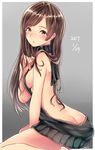  2017 ass backless_dress backless_outfit bare_back bare_shoulders blush breasts brown_eyes brown_hair commentary_request dated dress e-co halterneck idolmaster idolmaster_cinderella_girls long_hair looking_at_viewer medium_breasts meme_attire nitta_minami ribbed_sweater sideboob sketch solo sweater sweater_dress turtleneck turtleneck_sweater virgin_killer_sweater 