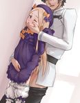  1girl abigail_williams_(fate/grand_order) against_wall blonde_hair bloomers bloomers_pull blue_eyes blush bow chin_grab clothed_sex commentary dress dress_lift e_n_g_o fate/grand_order fate_(series) fujimaru_ritsuka_(male) hair_bow hat height_difference hetero implied_sex long_hair nose_blush one_eye_closed open_mouth orange_bow pants_pull purple_bow purple_dress rape sex standing_sex underwear uniform very_long_hair wince 
