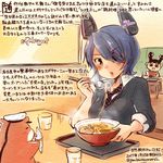  animal brown_eyes checkered checkered_neckwear commentary_request cup dated drinking_glass eyepatch food hamster headgear ice_cream kantai_collection kirisawa_juuzou necktie non-human_admiral_(kantai_collection) noodles purple_hair ramen school_uniform tenryuu_(kantai_collection) traditional_media translation_request twitter_username 