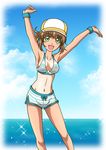  1girl armpits bare_shoulders bikini breasts brown_hair cleavage green_eyes hat leia_rolando midriff navel open_mouth sea short_hair tales_of_(series) tales_of_xillia 