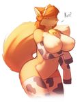  2017 anthro big_breasts breasts canine clothing cow_pattern cowbell female fluffy fluffy_tail fox fur gloves hair legwear looking_at_viewer mammal naturally_censored nipple_tuft nude orange_fur red_hair smile solo starfighter stockings tuft white_fur woadedfox 