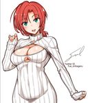  artist_name bangs boudica_(fate/grand_order) breasts cleavage commentary_request fate/grand_order fate_(series) fue_(rhomphair) green_eyes impossible_clothes impossible_sweater large_breasts meme_attire open-chest_sweater open_mouth parted_bangs red_hair ribbed_sweater signature simple_background sketch sleeves_past_wrists smile solo sweater teeth turtleneck turtleneck_sweater twitter_username upper_body white_background 