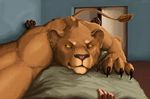  2017 alekksandar ambiguous_gender anthro barefoot bed biceps black_claws brown_fur claws disembodied_hand duo feline female first_person_view fur human imminent_rape lion looking_at_viewer lying mammal muscular muscular_female on_bed toes 
