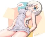  alternate_costume backless_outfit bare_shoulders blue_eyes breasts cowboy_shot dress dress_tug grey_hair hair_ornament hair_over_one_eye hairclip halterneck hamakaze_(kantai_collection) kantai_collection large_breasts looking_at_viewer meme_attire no_bra ribbed_dress solo spoken_blush sweater tamayan virgin_killer_sweater 
