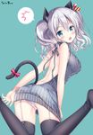  :o alternate_costume animal_ears aqua_background artist_name ass back backless_outfit bangs bare_arms bare_back bare_shoulders black_legwear black_ribbon black_sweater blue_eyes blush bow breasts cat_ears cat_tail commentary_request eyebrows_visible_through_hair from_behind garter_straps hanahanamaki kantai_collection kashima_(kantai_collection) kemonomimi_mode kneeling large_breasts legs_apart looking_at_viewer looking_back meme_attire no_headwear open_mouth panties pantyshot pantyshot_(kneeling) red_bow ribbon short_hair short_twintails silver_hair simple_background sleeveless solo sousouman speech_bubble spoken_blush sweater tail tail_bow thighhighs twintails underwear virgin_killer_sweater wavy_hair white_panties 