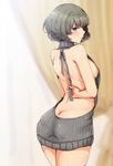  ass back backless_dress backless_outfit bangs bare_back blurry blush breasts butt_crack closed_mouth cowboy_shot curtains depth_of_field dress eyebrows_visible_through_hair from_behind green_eyes grey_hair halterneck highres idolmaster idolmaster_cinderella_girls indoors looking_at_viewer medium_breasts meme_attire naked_sweater profile ribbed_sweater ryuu. shiny shiny_hair short_hair sideboob smile solo sweater sweater_dress takagaki_kaede thighs turtleneck turtleneck_sweater virgin_killer_sweater 