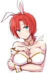  :3 animal_ears artist_name bangs between_breasts blush boudica_(fate/grand_order) bra breasts bunny_ears cleavage closed_mouth commentary_request eyebrows_visible_through_hair fake_animal_ears fate/grand_order fate_(series) fue_(rhomphair) green_eyes hand_between_breasts hand_on_own_chest large_breasts looking_at_viewer red_hair short_hair signature simple_background sketch smile solo underwear upper_body white_background white_bra wrist_cuffs 