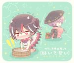  2girls basin black_hair blush bowl bowl_hat bucket chibi commentary_request dress dress_lift embarrassed fishing_hook hat horns japanese_clothes kijin_seija kimono multicolored_hair multiple_girls nose_blush obi pink_eyes pink_kimono purple_hair sash short_ponytail streaked_hair sukuna_shinmyoumaru touhou washing white_dress wide_sleeves 