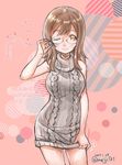  2017 ;) aran_sweater bare_shoulders bespectacled breasts brown_hair character_age character_name circle clothes_grab commentary_request cowboy_shot dated dress dress_removed glasses hand_on_eyewear heart highres kunikida_hanamaru large_breasts looking_at_viewer love_live! love_live!_sunshine!! meiji_(mosamoo3) meme_attire one_eye_closed pink_background sleeveless sleeveless_dress sleeveless_turtleneck smile solo striped sweater sweater_dress translated turtleneck twitter_username virgin_killer_sweater yellow_eyes 