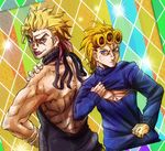  backless_outfit black_sweater blonde_hair blue_eyes blue_sweater bracer chamaji commentary_request dio_brando dutch_angle earrings father_and_son giorno_giovanna hand_on_own_shoulder highres jewelry jojo_no_kimyou_na_bouken lens_flare lipstick makeup meme_attire multiple_boys muscle open-chest_sweater pose purple_eyes purple_lipstick spiked_hair sweater upper_body virgin_killer_sweater 