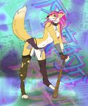  2017 4_toes abstract_background anthro arched_back areola baseball_bat bent_over biped black_nose breasts canine cheek_tuft chest_tuft clothed clothing collar countershade_face countershade_torso countershading denim_shorts digital_media_(artwork) digitigrade dipstick_tail ear_piercing eyebrow_piercing eyebrows facial_piercing female fingerless_gloves fluffy fluffy_tail fox front_view full-length_portrait fur garter_straps gloves hair hi_res industrial_piercing japanese_text leg_warmers legwear lip_piercing long_hair looking_at_viewer mammal morenor multicolored_fur multicolored_hair multicolored_tail navel navel_piercing nipples panties piercing pink_hair pink_nipples pink_tongue pinup ponytail portrait pose ring shorts signature snout socks solo spiked_collar spikes text thigh_highs toeless_socks toes tongue tongue_out tongue_piercing topless tuft two_tone_fur two_tone_hair two_tone_tail underwear white_countershading white_fur white_hair white_tail yellow_fur yellow_tail 