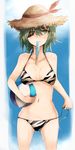  absurdres ball beachball bikini breasts cleavage collarbone commentary_request food food_in_mouth green_hair hair_between_eyes hat highres kantai_collection kiso_(kantai_collection) looking_at_viewer md5_mismatch medium_breasts mouth_hold popsicle short_hair side-tie_bikini solo ssadddsa_(dime_zero) straw_hat striped striped_bikini sun_hat swimsuit yellow_eyes 