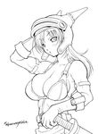  armlet armor bare_shoulders belt blush breasts cleavage daisy_(dq) dragon_quest dragon_quest_yuusha_abel_densetsu gloves greyscale helmet horned_helmet huge_breasts long_hair looking_at_viewer monochrome sheath sheathed simple_background solo sword takerunoyebisu weapon 