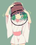  ;( blush_stickers bucket bucket_on_head colored_eyelashes commentary_request green_background green_eyes green_hair japanese_clothes jean_(jean_sp) kimono kisume obi object_on_head older one_eye_closed sash short_kimono short_twintails simple_background solo tears touhou twintails wide_sleeves wooden_bucket 