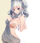  :p alternate_costume armpits backless_outfit bare_arms bare_shoulders blue_eyes bra breasts cleavage closed_mouth clothing_aside collarbone commentary_request eyebrows_visible_through_hair gradient gradient_background grey_sweater highres kantai_collection kashima_(kantai_collection) long_hair looking_at_viewer medium_breasts meme_attire no_headwear orange_bra sidelocks silver_hair sleeveless smile solo strapless strapless_bra sweater tareme tebi_(tbd11) tongue tongue_out turtleneck turtleneck_sweater twintails underwear virgin_killer_sweater 