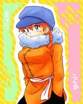  bangs black_pants blue_hat braid cabbie_hat character_name chinese_clothes covered_mouth genderswap genderswap_(mtf) hands_in_pockets hat long_sleeves lowres multicolored multicolored_background orange_shirt pants ranma-chan ranma_1/2 red_hair saotome_ranma sash scarf shirt short_hair solo standing star starry_background tangzhuang upper_body wankoroya white_scarf 