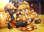  2017 amber_eyes applejack_(mlp) bandage barn blonde_hair changeling cowboy_hat equine first_aid friendship_is_magic green_eyes hair hat hay horse inside mammal my_little_pony pony slit_pupils tears vavacung 