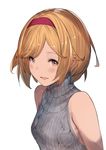  backless_outfit bangs bare_shoulders blonde_hair blush breasts brown_eyes djeeta_(granblue_fantasy) dress eyebrows_visible_through_hair granblue_fantasy grey_dress hairband halterneck hanarito highres looking_at_viewer medium_breasts meme_attire no_bra open_mouth red_hairband ribbed_sweater short_hair simple_background smile solo sweater sweater_dress turtleneck turtleneck_sweater upper_body virgin_killer_sweater white_background 