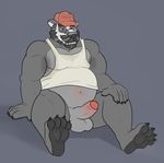  badger balls barefoot baseball_cap beard blueballs clothing english_text erection facial_hair front_view hand_on_knee hat humanoid_penis male mammal musclegut mustache mustelid navel overweight overweight_male penis shirt solo spread_legs spreading sweat tank_top text uncut 