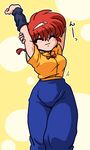  1girl arm_behind_head arms_up bangs braid chinese_clothes cowboy_shot eyes_closed genderswap genderswap_(mtf) orange_shirt pants ranma-chan ranma_1/2 red_hair saotome_ranma shirt short_sleeves single_braid smile solo standing stretch wantan-orz wristband 