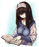  black_hair blue_eyes book breasts collarbone commentary_request hair_between_eyes hairband holding holding_book idolmaster idolmaster_cinderella_girls jewelry long_hair long_sleeves medium_breasts naga1047 necklace off-shoulder_sweater open_book pendant reading ribbed_sweater sagisawa_fumika shawl solo sweater upper_body 