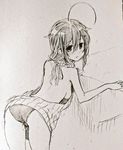  ahoge backless_outfit bare_back bare_legs blush breasts gouta_(nagishiro6624) hair_flaps hair_ornament kantai_collection looking_at_viewer looking_back meme_attire monochrome no_bra panties remodel_(kantai_collection) shigure_(kantai_collection) sideboob sketch solo sweat sweater turtleneck turtleneck_sweater underwear virgin_killer_sweater 