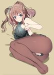  alternate_costume ass backless_outfit belt blue_eyes blush breasts brown_background brown_hair clothes_pull covering covering_crotch dress eyebrows_visible_through_hair feet full_body halterneck hat highres kantai_collection large_breasts long_hair looking_at_viewer lying meme_attire nylon on_side pantyhose red_belt saratoga_(kantai_collection) shadow side_ponytail sideboob simple_background smokestack solo sweater sweater_dress sweater_pull turtleneck turtleneck_sweater virgin_killer_sweater 