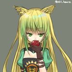  1girl animal_ears apple archer_of_red belt blonde_hair cat_ears dress fate/apocrypha fate_(series) flat_chest gloves green_eyes grey_background multicolored_hair 