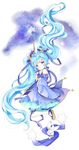  absurdres arm_up blue_eyes blue_hair bunny detached_sleeves dress earrings fingerless_gloves floating_hair gloves hair_ornament hair_ribbon hairclip hatsune_miku highres jewelry long_hair ribbon thighhighs tsukiyo_(skymint) twintails very_long_hair vocaloid wand yuki_miku yukine_(vocaloid) 