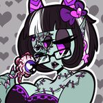  &lt;3 2017 5_eyes animated big_breasts bow_tie breasts candy_corpse_(character) candycorpse colored_nails ear_piercing eating eyeball fangs female grin horn lipstick looking_at_viewer low_res makeup multi_eye not_furry open_mouth piercing smile stitches vampire ♀ 