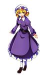  absurdres arms_at_sides baba_(baba_seimaijo) bangs belt blonde_hair blush breasts brown_footwear dress full_body hat highres juliet_sleeves loafers long_sleeves maribel_hearn medium_breasts mob_cap parted_lips puffy_sleeves purple_dress shoes short_hair smile solo standing tachi-e touhou transparent_background white_legwear yellow_eyes 
