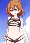  ass_visible_through_thighs bangs blue_sky breasts brown_eyes brown_hair cleavage cloud cloudy_sky collarbone commentary_request cowboy_shot day eyebrows_visible_through_hair hair_between_eyes half-closed_eyes i.u.y looking_at_viewer medium_breasts meme_attire misaka_worst navel no_nose outdoors parted_lips rei_no_mizugi short_hair sky smile smirk solo to_aru_majutsu_no_index 