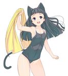  :d animal_ears bangs black_hair blue_eyes blunt_bangs blush breasts cat_ears cat_tail clenched_hand collarbone cowboy_shot head_tilt highres holding holding_towel masao one-piece_swimsuit open_mouth original simple_background small_breasts smile solo swimsuit tail towel white_background 
