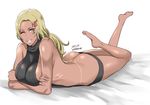 ;) aiura_mikoto ass bare_back bare_shoulders barefoot bikini_tan blonde_hair breast_hold breasts butt_crack commentary_request dark_skin full_body grin gyaru hair_ornament hairclip large_breasts long_hair looking_at_viewer lying meme_attire on_stomach one_eye_closed parted_lips saiki_kusuo_no_psi_nan shibusun sideboob sleeveless smile solo tan tanline the_pose twitter_username virgin_killer_sweater yellow_eyes 