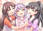  3girls ^_^ ^o^ black_hair blush brown_hair cat_hair_ornament closed_eyes dated girl_sandwich group_hug hair_ornament hairclip hand_on_another's_head hikawa_shou himekawa_yuki hood hoodie hug idolmaster idolmaster_cinderella_girls kbyd_(idolmaster_cinderella_girls) kobayakawa_sae koshimizu_sachiko long_hair multiple_girls open_mouth petting ponytail purple_hair sandwiched short_hair signature smile 