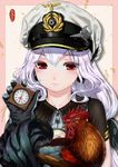  animal artist_name bird black_gloves blush chicken chinese_new_year chinese_zodiac closed_mouth colored_eyelashes commentary_request eyebrows_visible_through_hair gloves grey_gloves hat headphones highres holding lavender_hair lips looking_at_viewer low_twintails military_hat nengajou new_year peaked_cap pink_background rail_(silverbow) red_eyes rooster short_sleeves smile stopwatch text_focus twintails u96_(zhan_jian_shao_nyu) upper_body watch white_hat year_of_the_rooster zhan_jian_shao_nyu zipper_pull_tab 