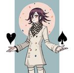  blue_background buttons checkered checkered_scarf circle danganronpa haun heart looking_at_viewer male_focus new_danganronpa_v3 ouma_kokichi outside_border outstretched_arms parted_lips purple_eyes purple_hair scarf simple_background smile solo spade_(shape) straitjacket 