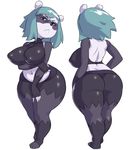  bear big_breasts big_butt blue_hair borvar breasts butt dofus female frown hair mammal midriff nipple_bulge panda pandawa short_stack simple_background solo white_background 