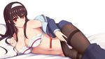  bad_id bad_pixiv_id black_hair black_legwear blush bra breasts cleavage fedsnk hairband highres kasumigaoka_utaha large_breasts long_hair looking_at_viewer navel open_clothes pantyhose red_eyes saenai_heroine_no_sodatekata school_uniform smile solo thighband_pantyhose underwear 