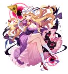  1girl adapted_costume blonde_hair blush bow breasts choker cleavage closed_mouth commentary_request corset dress elbow_gloves folded_fan folding_fan game_cg gap_(touhou) gloves hair_bow hakurei_frontier_spell_strive hand_fan hat hat_ribbon high_heels highres holding holding_fan kneehighs large_breasts long_hair looking_at_viewer mob_cap multiple_hair_bows official_art puffy_short_sleeves puffy_sleeves purple_corset purple_dress purple_eyes red_bow red_ribbon red_shoes ribbon ribbon_choker satoupote shoes short_sleeves sleeve_bow smile socks solo third-party_source touhou transparent_background white_gloves white_hat white_socks yakumo_yukari 