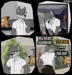 2025 4_panel_comic alcohol angry anthro appliance autumn balthy_(suitedwolfie) beer belt beverage black_background black_belt bottomwear brick brown_bottomwear brown_clothing brown_pants cabinet canid canine canis cigarette clothing collared_shirt container detailed_background dialogue digital_drawing_(artwork) digital_media_(artwork) dipstick_ears duo ear_markings english_text exclamation_point eye_bags eye_contact fence fist fox fridge fur furgonomics grey_body grey_fur grey_hair hair hands_on_hips head_tuft hi_res holding_object humor inner_ear_fluff inside interrobang jar k_(suitedwolfie) kitchen kitchen_appliance leaning lighter looking_at_another male male/male mammal milk multicolored_body multicolored_ears multicolored_fur narrowed_eyes open_fridge orange_body orange_fur orange_hair out_of_frame outside pants plant pockets pupils red_fox shaded shirt side_view simple_background slit_pupils smoking sparkles speech_bubble stalking standing suitedwolfie text tongue tongue_out topwear tree true_fox tuft two_tone_body two_tone_fur watermark white_clothing white_eyes white_shirt white_topwear wine wolf yelling yelling_at_another