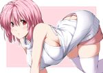  all_fours alternate_costume bare_shoulders breasts highres large_breasts looking_at_viewer meme_attire nori_tamago pink_background pink_hair red_eyes saigyouji_yuyuko short_hair shorts solo sweater thighhighs touhou virgin_killer_sweater white_background white_legwear white_sweater 