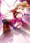  ass blonde_hair clarent fate/apocrypha fate_(series) green_eyes long_hair looking_at_viewer mordred_(fate) mordred_(fate)_(all) nina_(pastime) ponytail smile solo sword weapon 