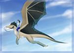  4_toes ambiguous_gender anthro black_hair blue_eyes claws clothing cloud dragon dragonstache feral fish flying hair marine membranous_wings multi_eye renashe shark shorts simple_background sky spots toes wings yellow_eyes 
