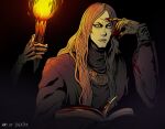  1boy absurdres artist_name black_robe blood blood_on_hands book brown_hair cleft_chin closed_mouth commentary dark_background english_commentary enki_(fear_&amp;_hunger) fear_&amp;_hunger_(series) fear_&amp;_hunger_1 gloves hand_up highres holding holding_book holding_torch ideajkk lips long_hair male_focus open_book robe skeleton solo_focus torch upper_body 