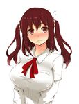  blush breasts den_(den_zuri555) dress_shirt ebina_nana flying_sweatdrops highres himouto!_umaru-chan large_breasts long_hair looking_at_viewer nose_blush red_eyes red_hair school_uniform shirt solo two_side_up upper_body white_background white_shirt 
